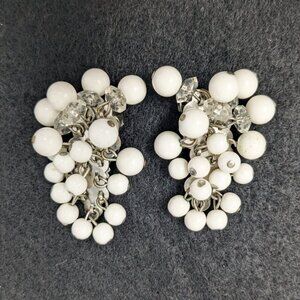 Vintage Ear Climbers Earrings MCM White Beads Clip On cluster Waterfall Cascade